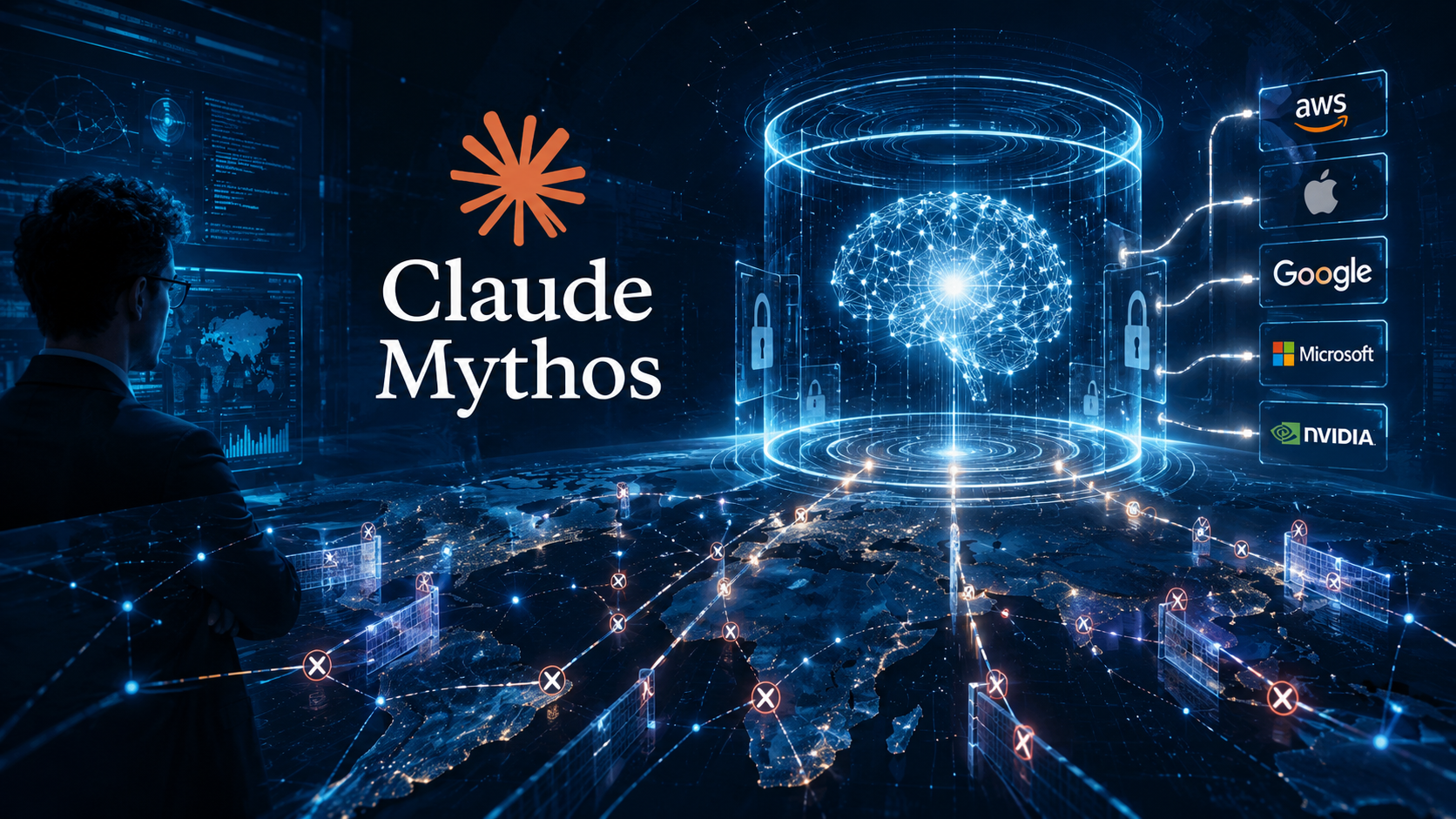 Claude Mythos come infrastruttura strategica di intelligenza artificiale applicata al cyberspazio, con reti digitali globali, cervello artificiale e piattaforme tecnologiche
