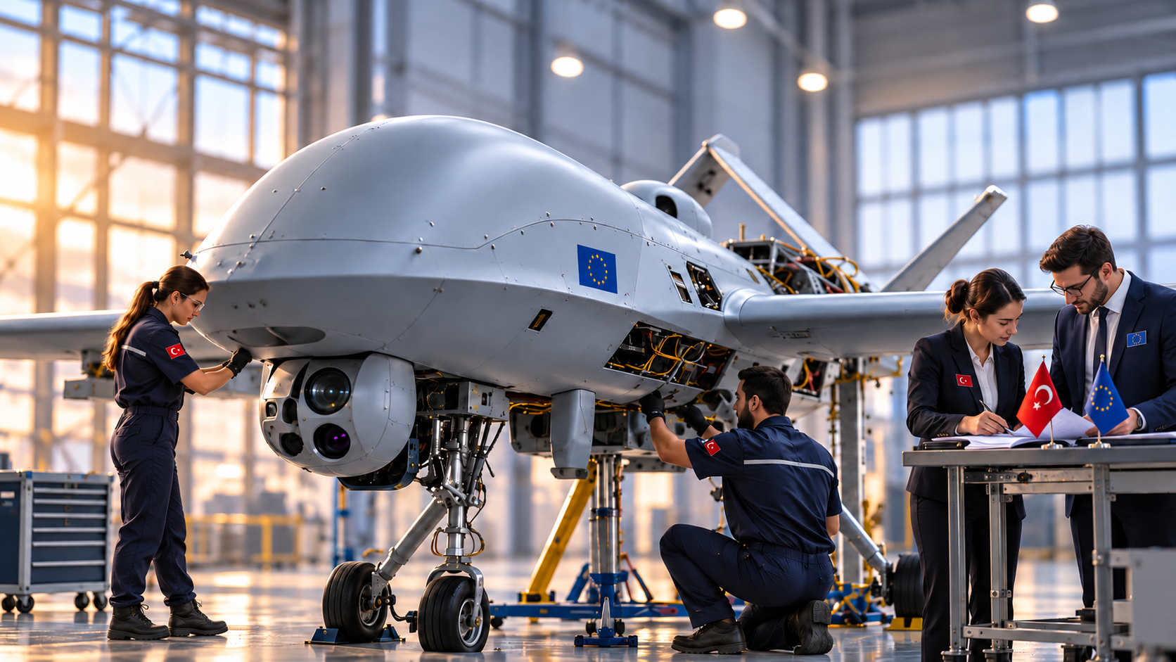 Tecnici turchi lavorano su un sistema unmanned con identificativo europeo mentre personale turco ed europeo esamina documenti industriali