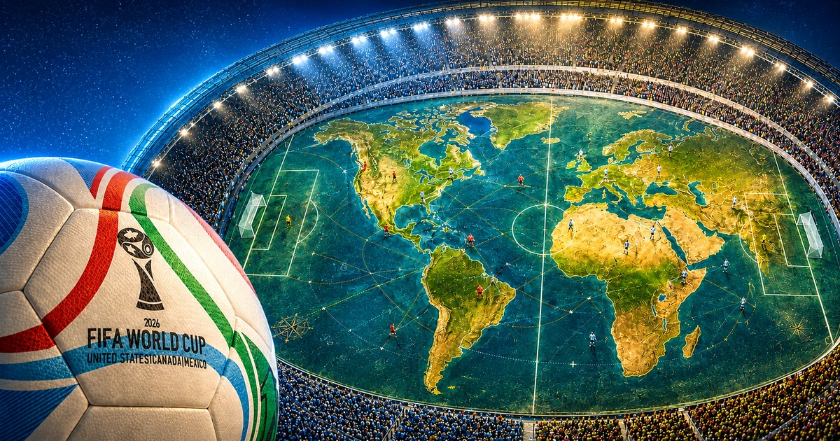 Stadio della Coppa del Mondo FIFA 2026 con il terreno di gioco trasformato in una mappa geopolitica mondiale