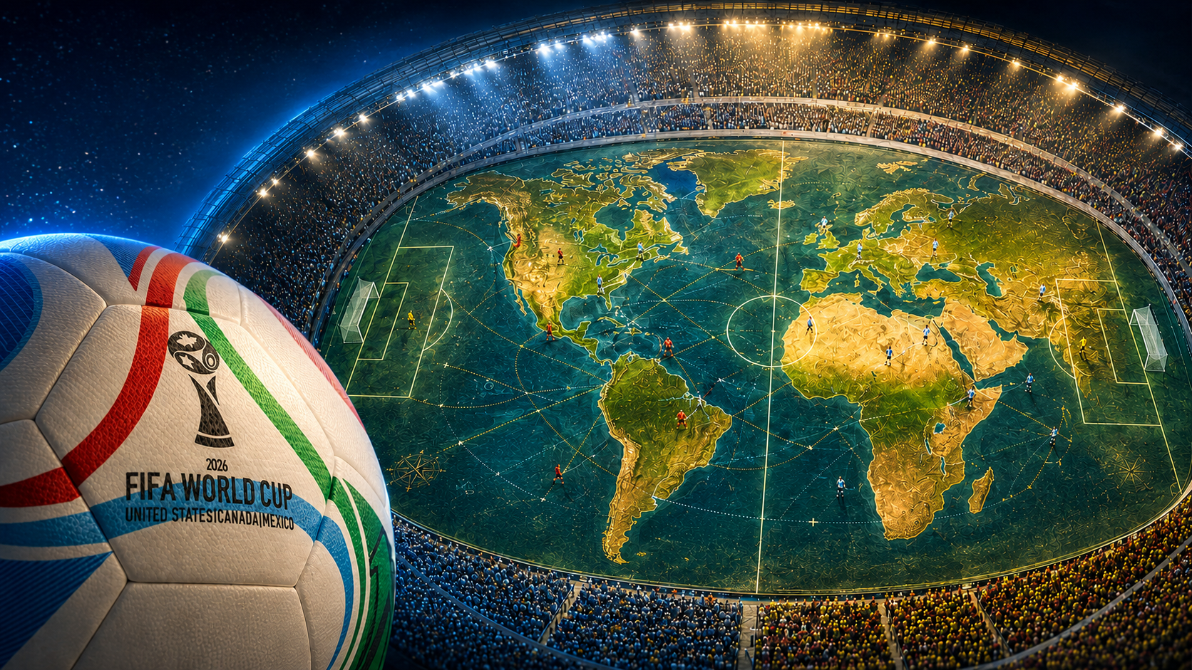 Illustrazione editoriale sulla geopolitica del calcio e sulla Coppa del Mondo FIFA 2026