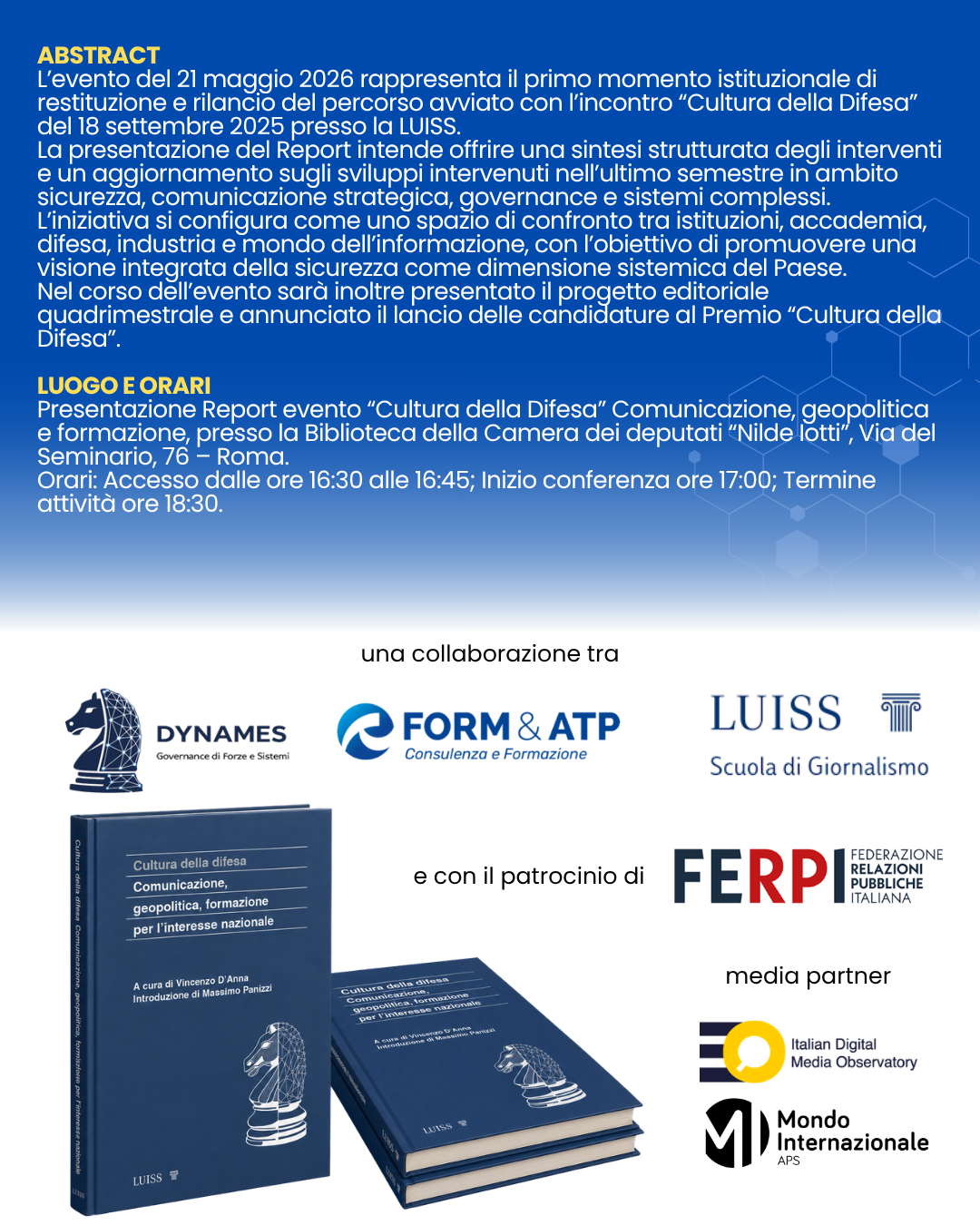 Seconda locandina dell’evento Cultura della Difesa con abstract, luogo, orari, promotori e partner