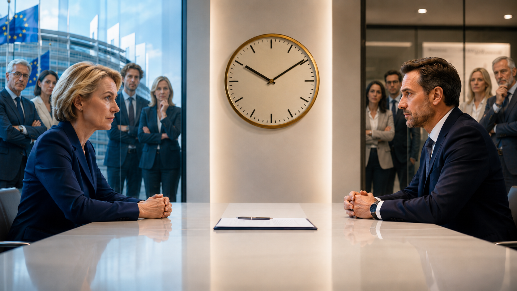Due negoziatori al tavolo osservati da stakeholder dietro pareti di vetro, con un orologio centrale