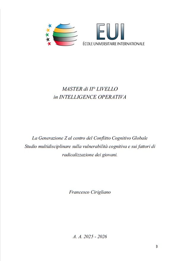 Frontespizio della tesi La Generazione Z al centro del Conflitto Cognitivo Globale di Francesco Cirigliano